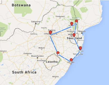 Rondreis Zuid-Afrika Local Hero Travel kaartje Local Hero Travel Family in Zuid-Afrika 30pluskids kaart