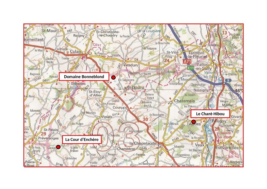 Kaartje accommodaties familie fietsvakatie Familie fietsvakantie in de Allier 30pluskids kaart