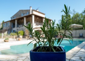 Gite le Bel Endroit in de Ardeche, Frankrijk 4a. Zicht op huis via plant bij zwembad Gîte Le Bel Endroit 30pluskids