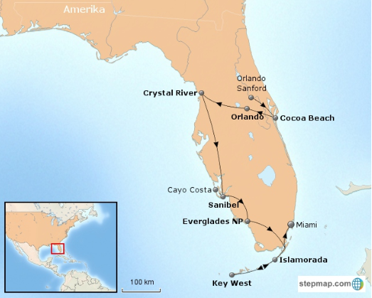 Riksja Family kaartje rondreis Amerika Florida Riksja Family Amerika 30pluskids kaart