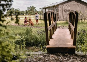 Hoeve Botterheerd in Oostwold Groningen bruggetje en kinderen met hond BoerenBed Botterheerd 30pluskids